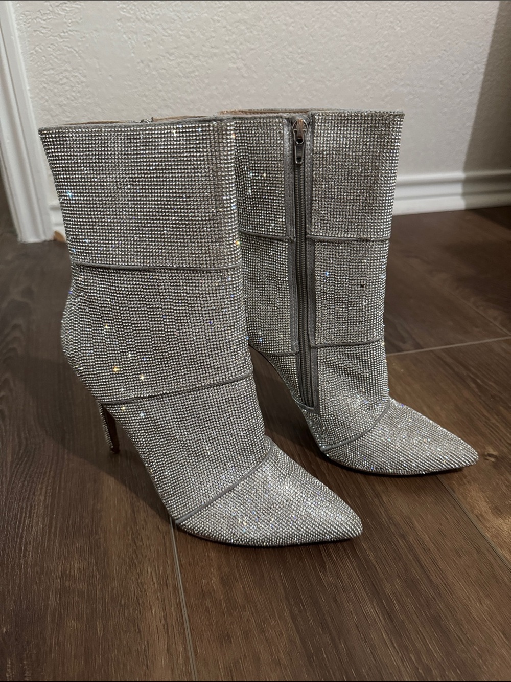 Steve Madden Silver Rhinestone Stiletto Mid-Calf Boots